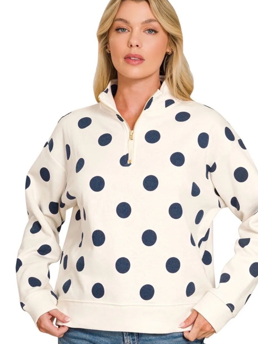 Zenana Polka Dot Half-Zip Pullover Sweatshirt - Cream/Navy